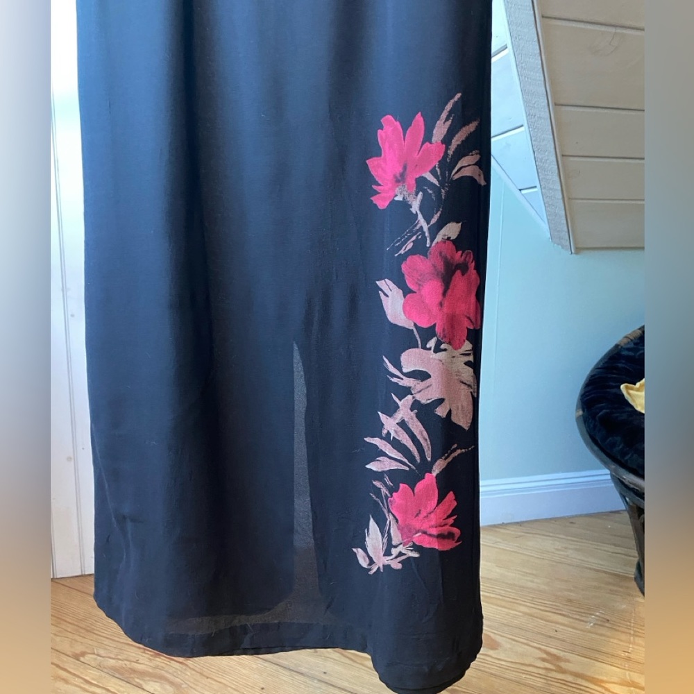 Valerie Stevens 100% Silk Black Long Dress With Floral Print Large Petite - Picture 8 of 10